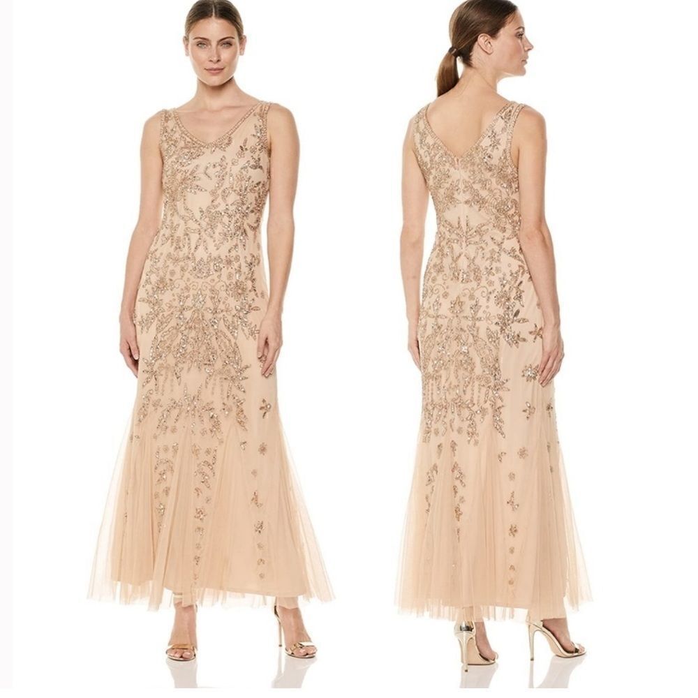 Pisarro Nights Nights Blush Beige Beaded Sequin Gown Dress 10